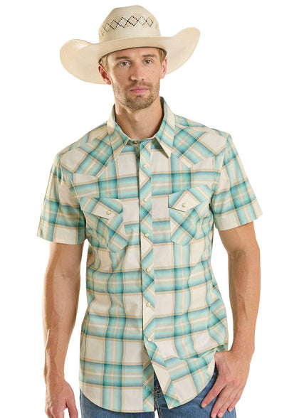 CAMISA DE CUADROS ROCK&ROLL AZUL VERDOSO TEÑIDO ANUDADO MANGA CORTA PARA HOMBRE - BMN3S08651