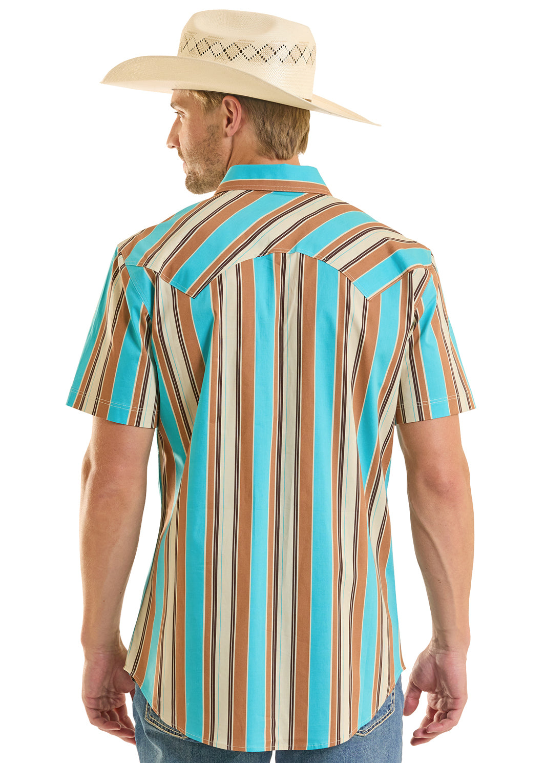 ROCK&ROLL TURQUOUSE/BROWN STRIPE SHORT SLEEVE BUTTON UP MEN SHIRT- BMN3S08652