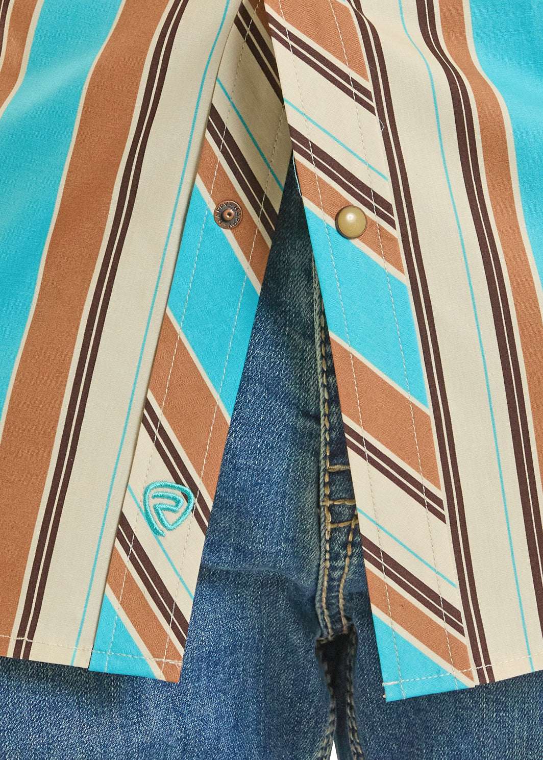 ROCK&ROLL MEN TURQUOISE/BROWN STRIPE SHORT SLEEVE BUTTON UP SHIRT- BMN3S08652 Laherradurawwnc.com