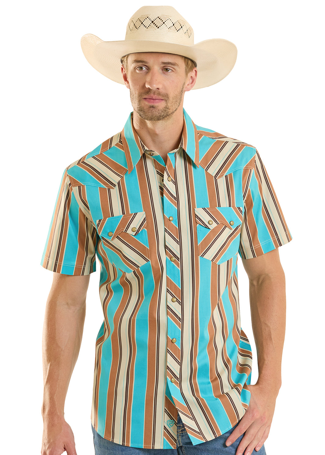 ROCK&ROLL TURQUOUSE/BROWN STRIPE SHORT SLEEVE BUTTON UP MEN SHIRT- BMN3S08652