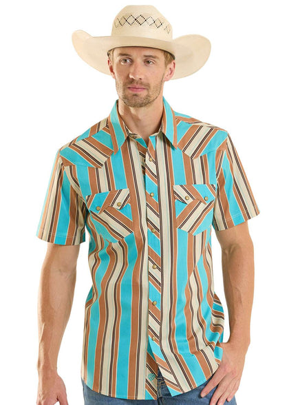 CAMISA DE BOTONES DE MANGA CORTA A RAYAS TURQUESA/CAFÉ ROCK&ROLL PARA HOMBRE - BMN3S08652