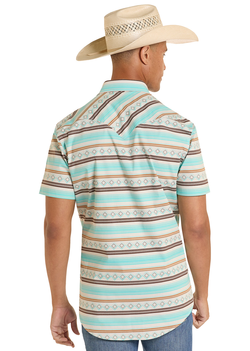 ROCK&ROLL MENS TEAL STRIPE PRINTED SHIRT SHORT SLEEVE  - BMN3S08654