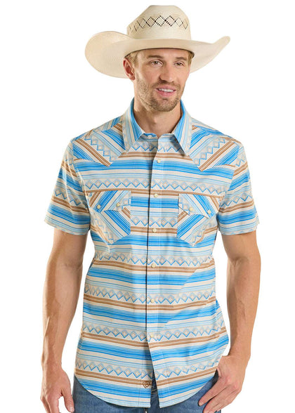 CAMISA ROCK&ROLL DE HOMBRE MANGA CORTA CON ESTAMPADO DE RAYAS AZULES - BMN3S08658