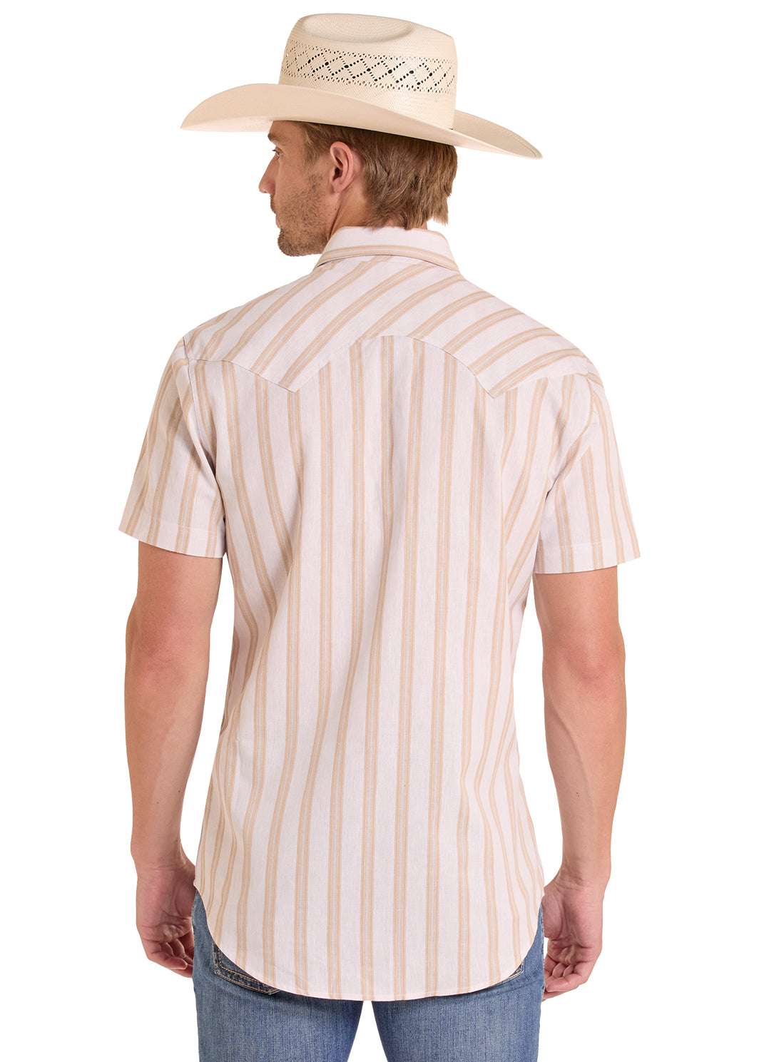 ROCK&ROLL MENS TAN STRIPE PRINTED SHIRT SHORT SLEEVE  - BMN3S08669 Laherradurawwnc.com