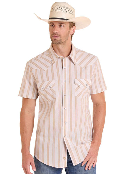 CAMISA DE RAYAS EN COLOR CANELA ESTAMPADA DE MANGA CORTA ROCK&ROLL PARA HOMBRE - BMN3S08669