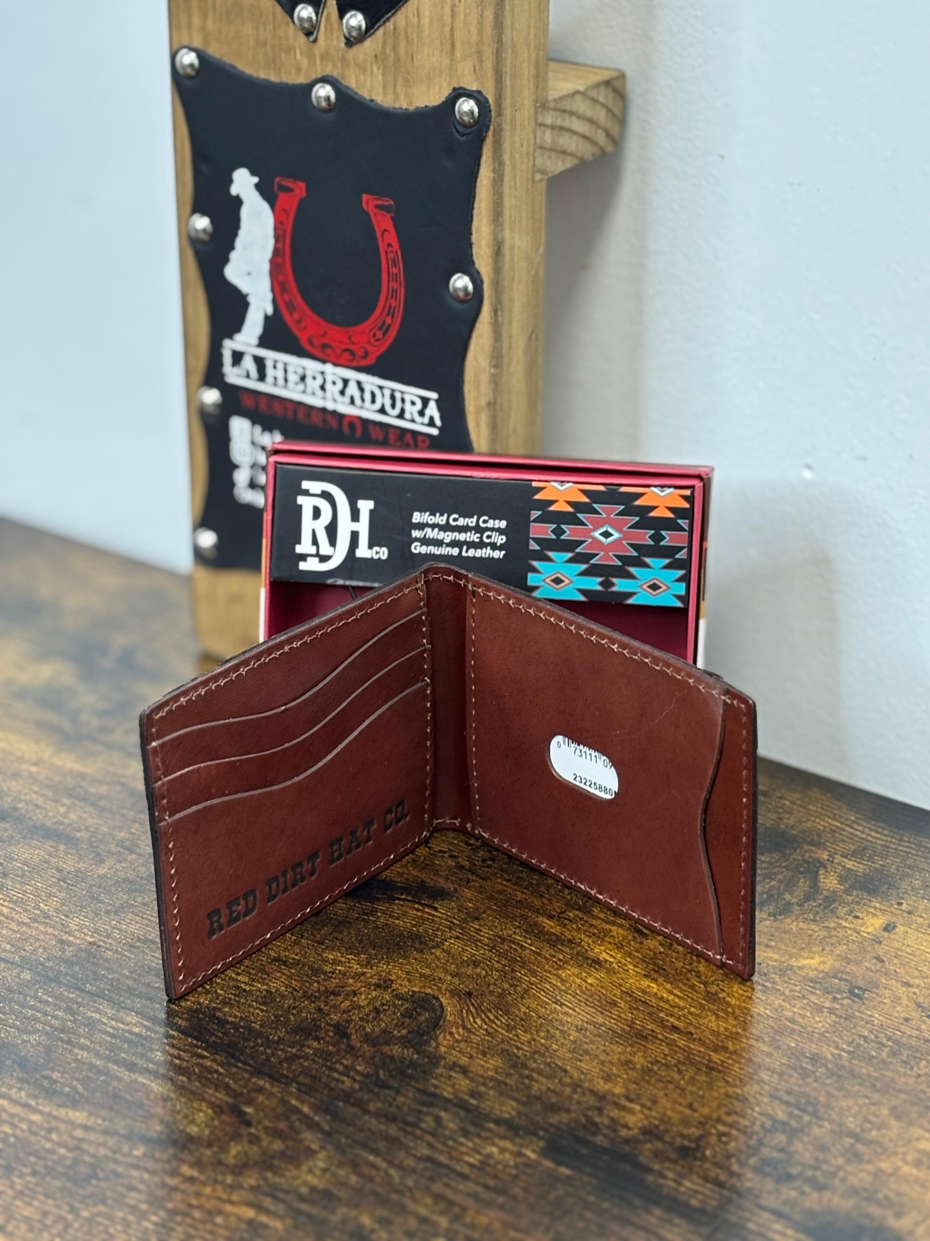 RED DIRT BIFOLD CARD CASE WITH MAGNETIC CLIP DARK BROWN GENUINE LEATHER