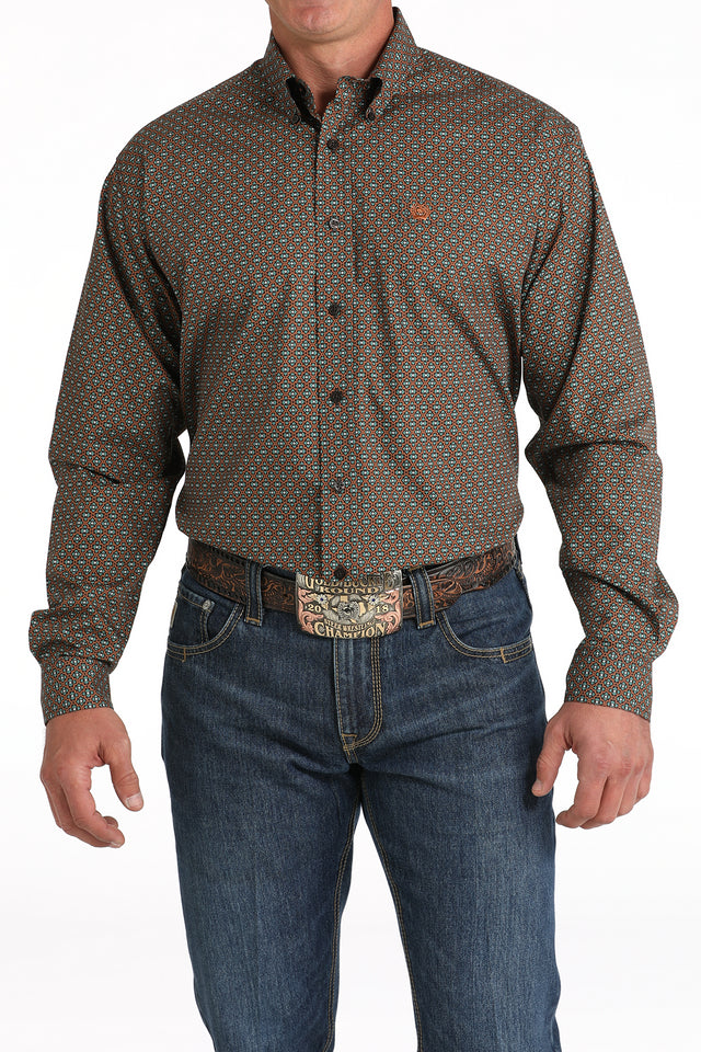 CINCH BROWN GEOMETRIC PRINT LONG SLEEVE SHIRT