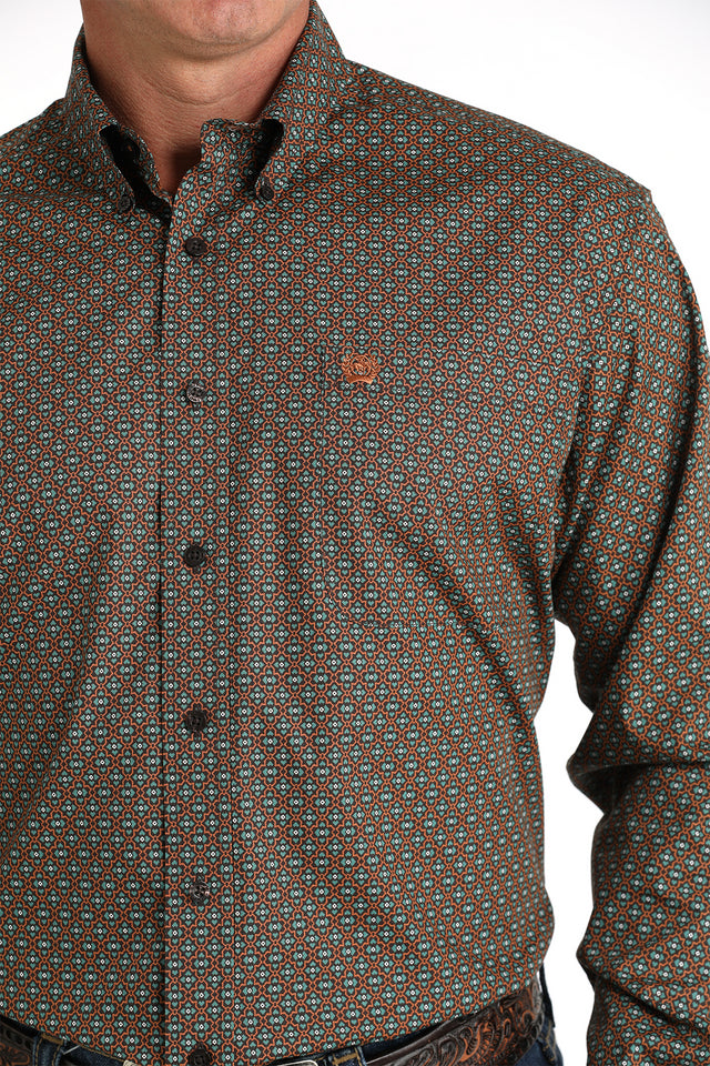 CINCH BROWN GEOMETRIC PRINT LONG SLEEVE SHIRT