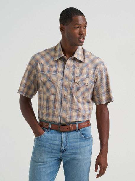 WRANGLER MEN PURAL SHAP SHORT SLEEVE SHIRT BLUE AND BROWN STRIPED 1123