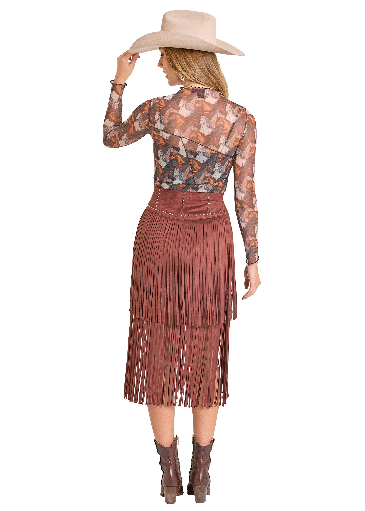 ROCK&ROLL WOMEN MIDI MICROSUEDE FRINGE SKIRT WINE BW69B07006