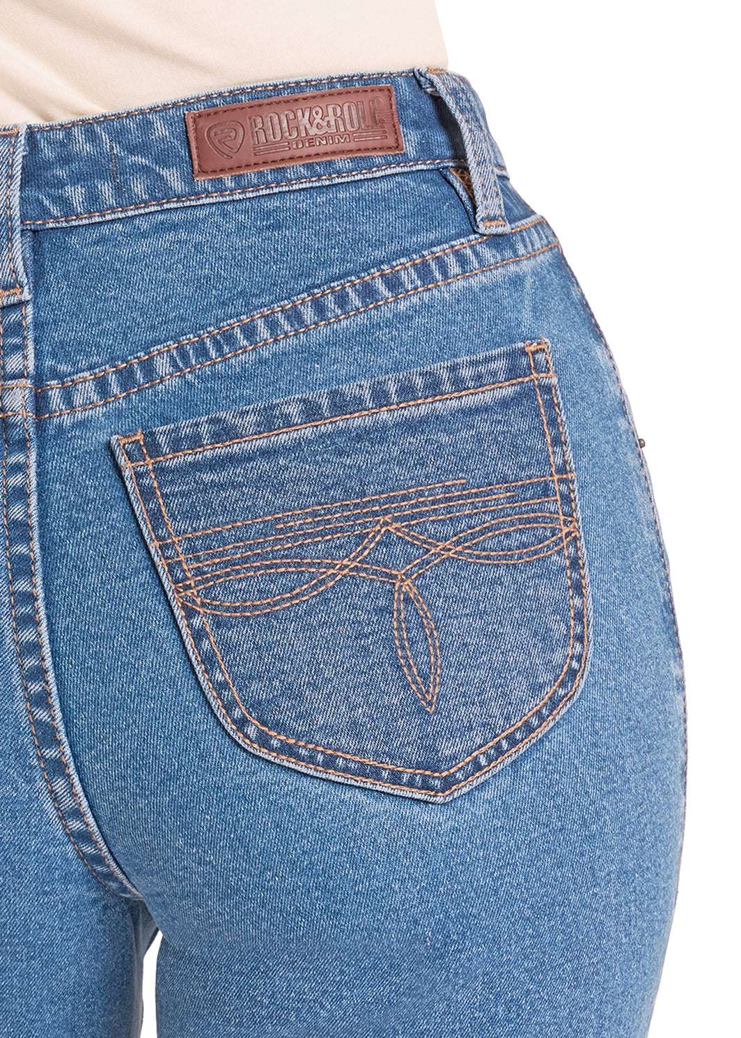 Close-up of blue jeans with a brand label 