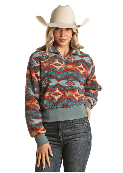 ROCK AND ROLL WOMEN SHERPA PULL OVER AZTEC PATTERN INDIGO BW91T02024