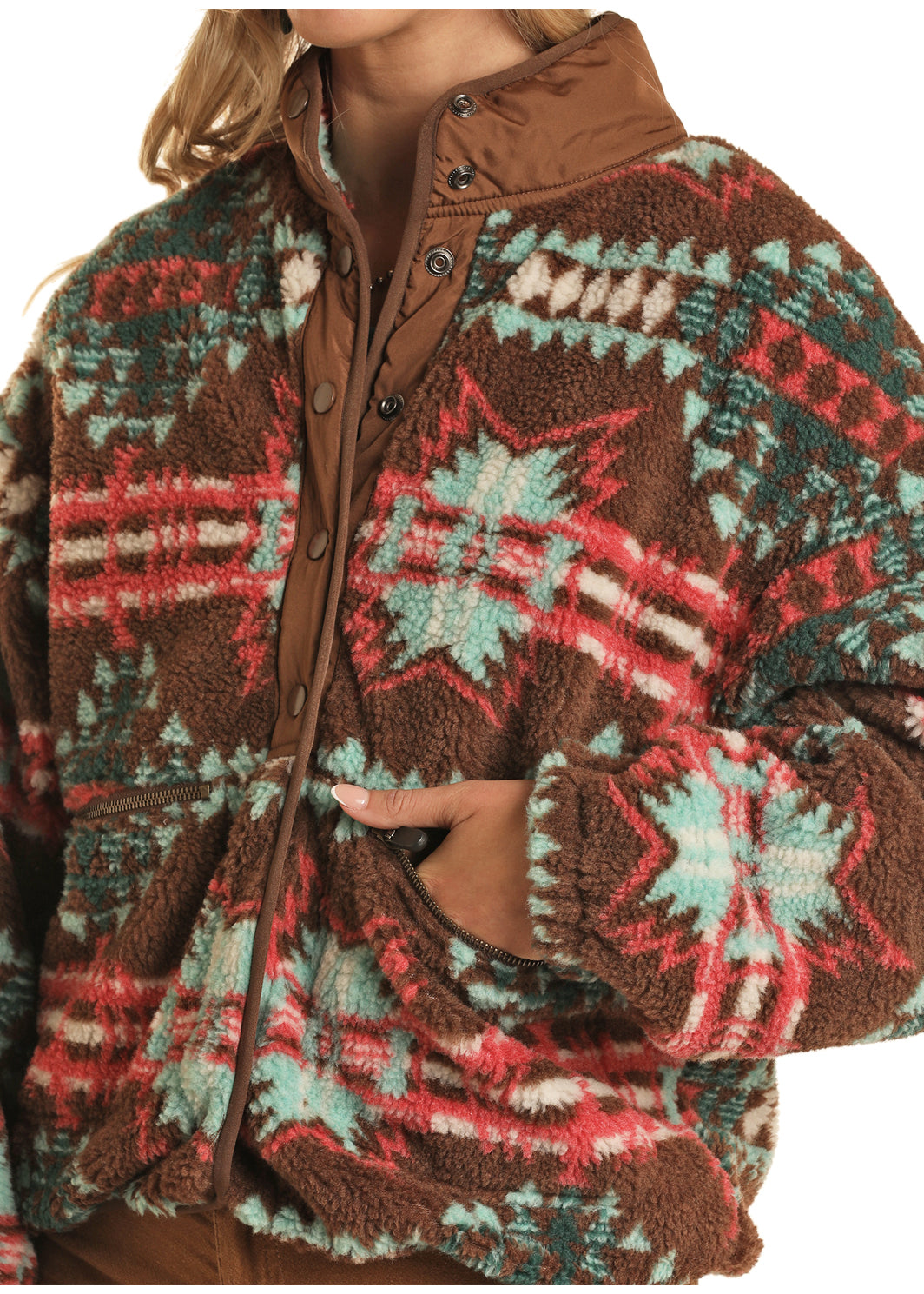 ROCK AND ROLL WOMEN JACKET CHOCOLATE AZTEC SHERPA JACKET BW92C02110