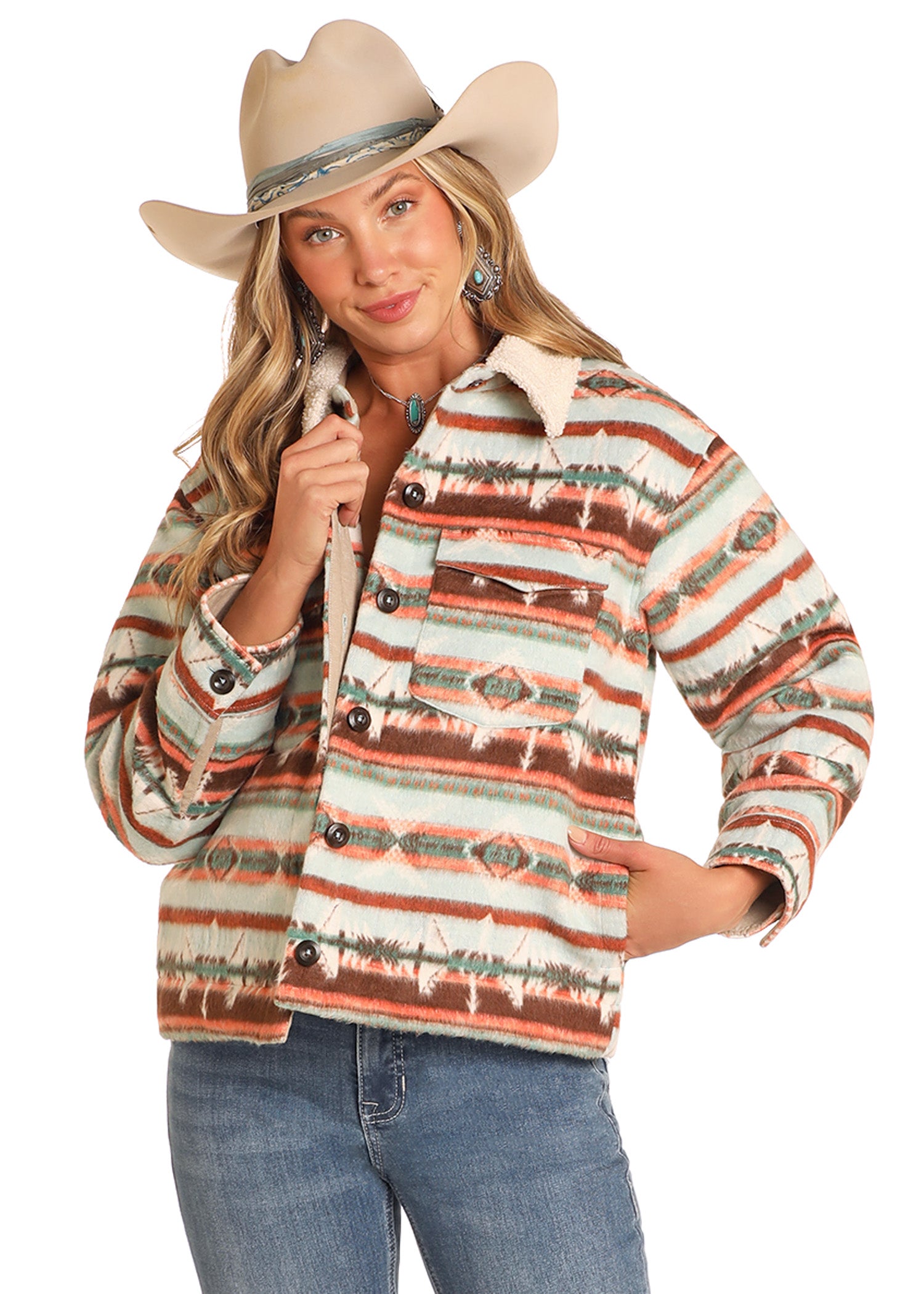 Rock&Roll Womens Aztec Button Up Jacket Orange/Teal BW92C04496