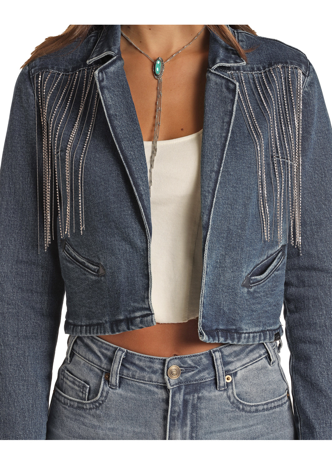 ROCK&ROLL FRINGE DENIM CROPPED BLAZER-BW92D02267