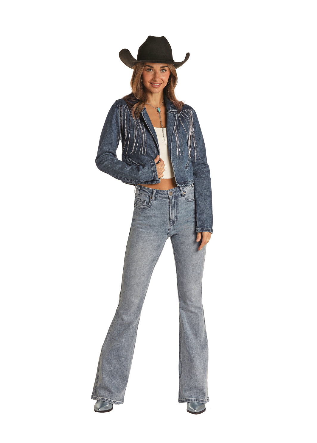 ROCK&ROLL FRINGE DENIM CROPPED BLAZER-BW92D02267