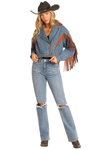 CHAMARRA DE MEZCLILLA ÍNDIGO Y ANTE CON FLECOS ROCK&ROLL DENIM BW92D04921