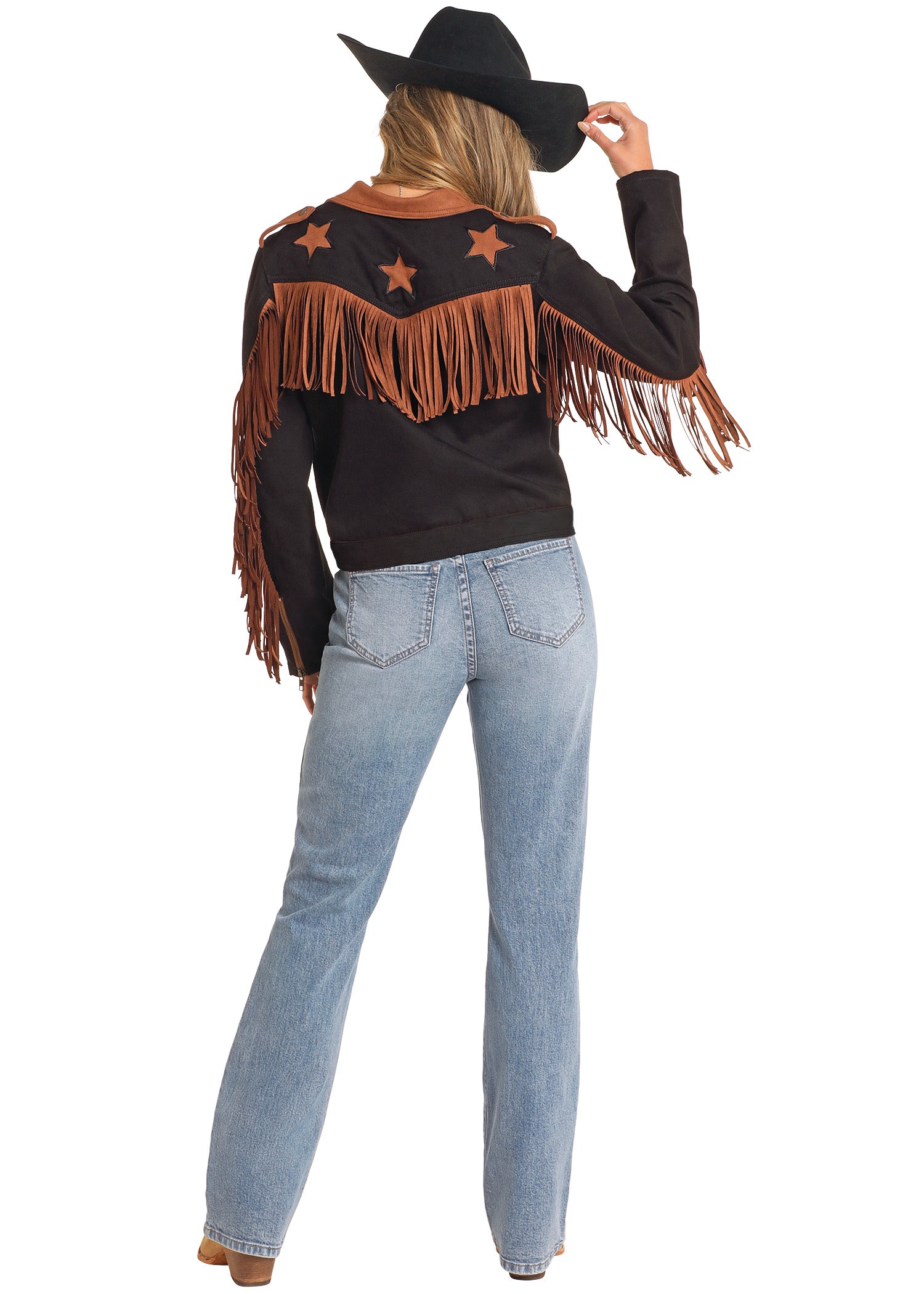Rock&roll Womens Micro Suede Jacket W Fringe Black/Brown Stars BW92D04927