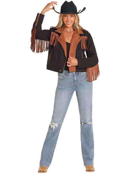 Chaqueta de microgamuza con flecos Rock&Roll para mujer, estrellas negras/marrones BW92D04927