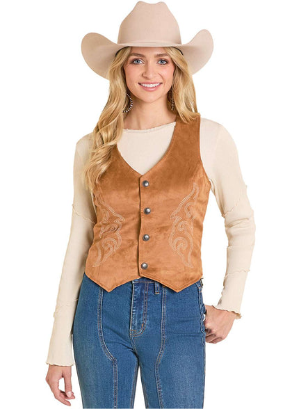 CHALECO DE MICROSUEDE BORDADO PARA MUJER ROCK&ROLL CAMEL BW98C07762