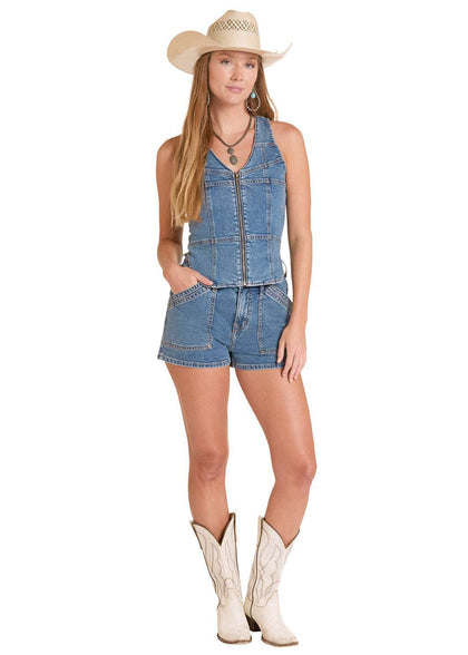 CHALECO DE MEZCLILLA CON CREMALLERA Y COSTURAS ROCK&ROLL PARA MUJER LAVADO MEDIO - BW98D09107
