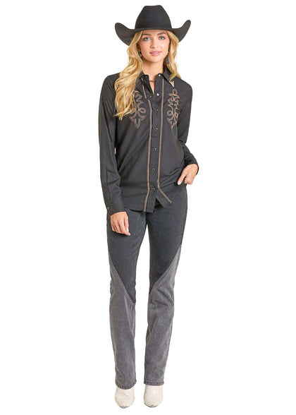 CAMISA CON BOTONES Y COSTURAS DE MUJER ROCK&ROLL NEGRA BWN2S07027