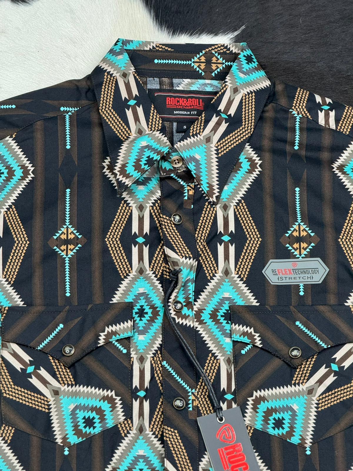 ROCK&ROLL BLACK AZTEC TEAL SNAP SHORT SLEEVE SHIRT