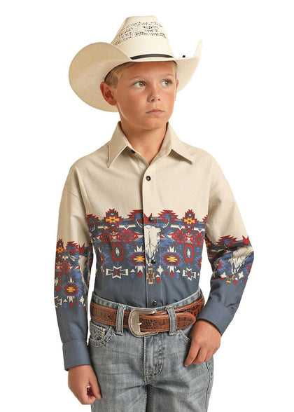 CAMISA DE MANGA LARGA CON BROCHES PANHANDLE BOYS DE MEZCLILLA OSCURA C0S3013