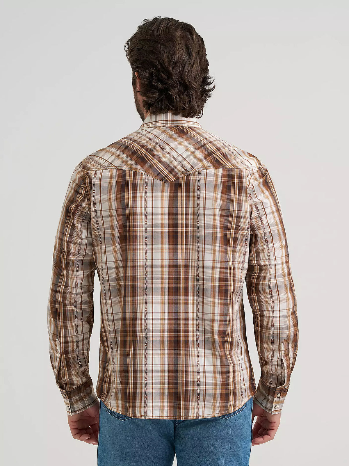 CAMISA A CUADROS MANGA LARGA MARCA WRANGLER COLOR CAFÉ ESTILO RANCHERO 112381535