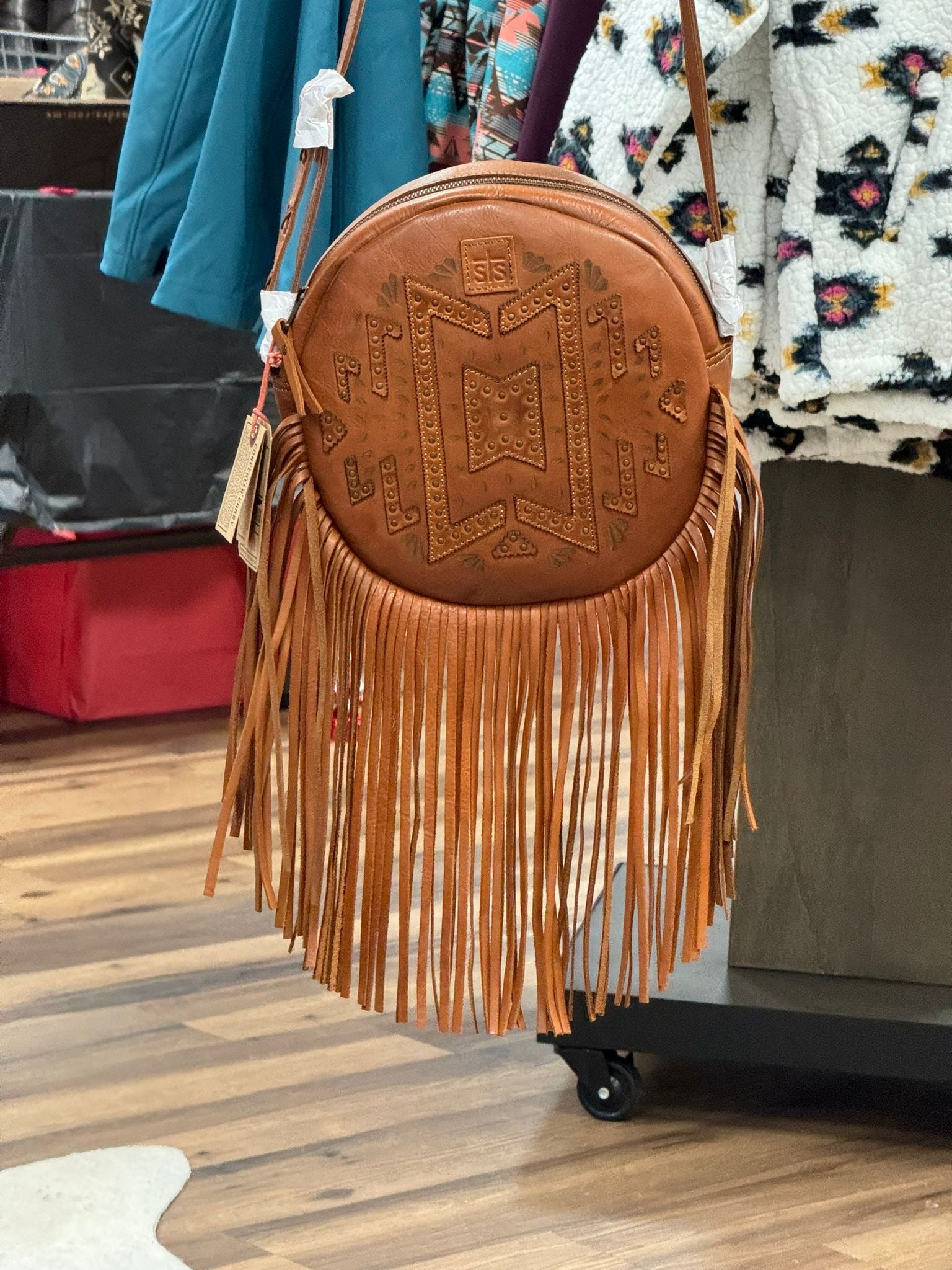 STS RANCHWEAR CROSSBODY BAG CIRCLE EMBELLISHED SAGE FRINGE