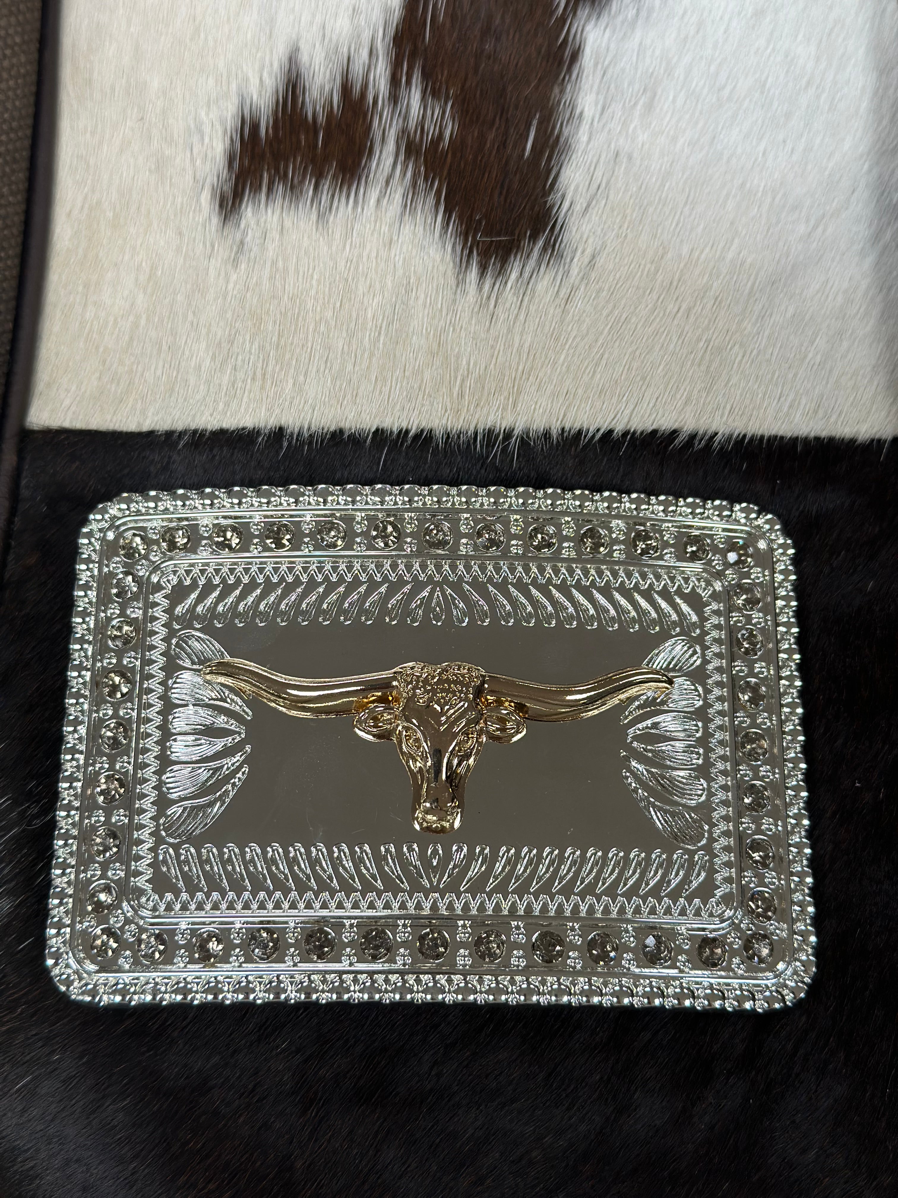 SQUARE GEM BORDER GOLD BULL BUCKLE