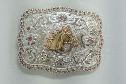 HEBILLA DE ESQUINA REDONDA CON CABEZA DE CABALLO DE ORO Y PLATA CON DIAMANTES ROSAS
