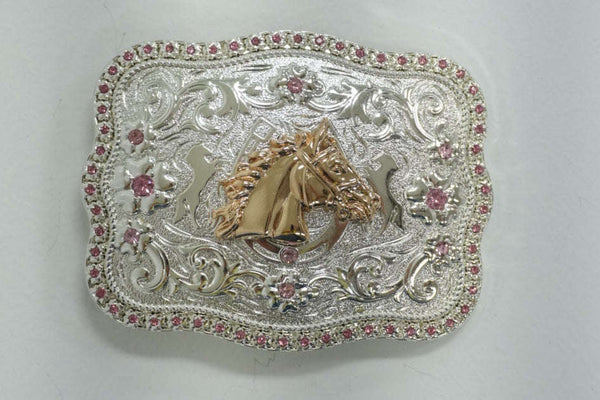 HEBILLA DE ESQUINA REDONDA CON CABEZA DE CABALLO DE ORO Y PLATA CON DIAMANTES ROSAS