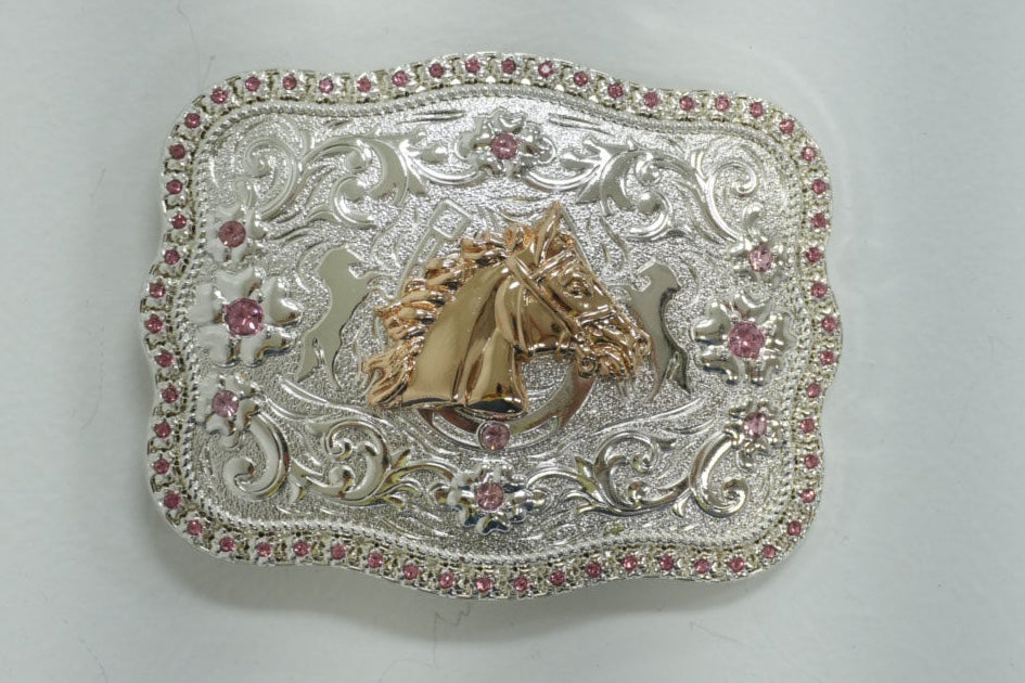 SILVER & GOLD HORSE HEAD WITH PINK DIAMONDS ROUND CORNER BUCKLE