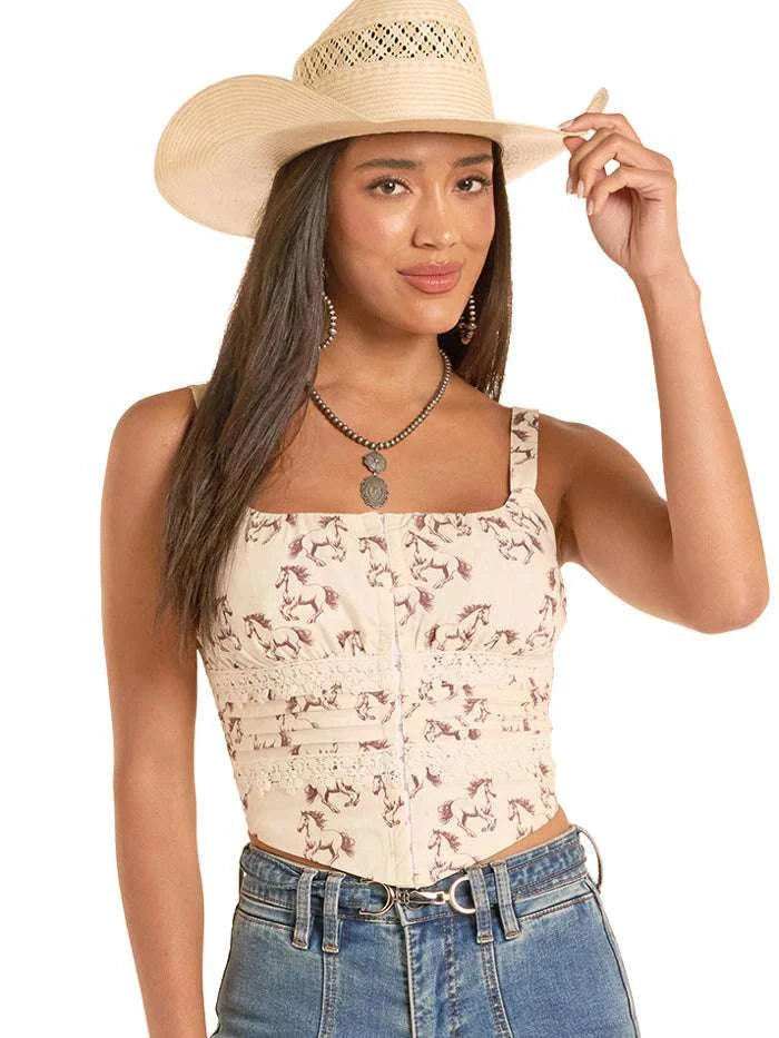 ROCK&ROLL HORSE PRINT TANK TOP NATURAL BW20T08814 Laherradurawwnc.com