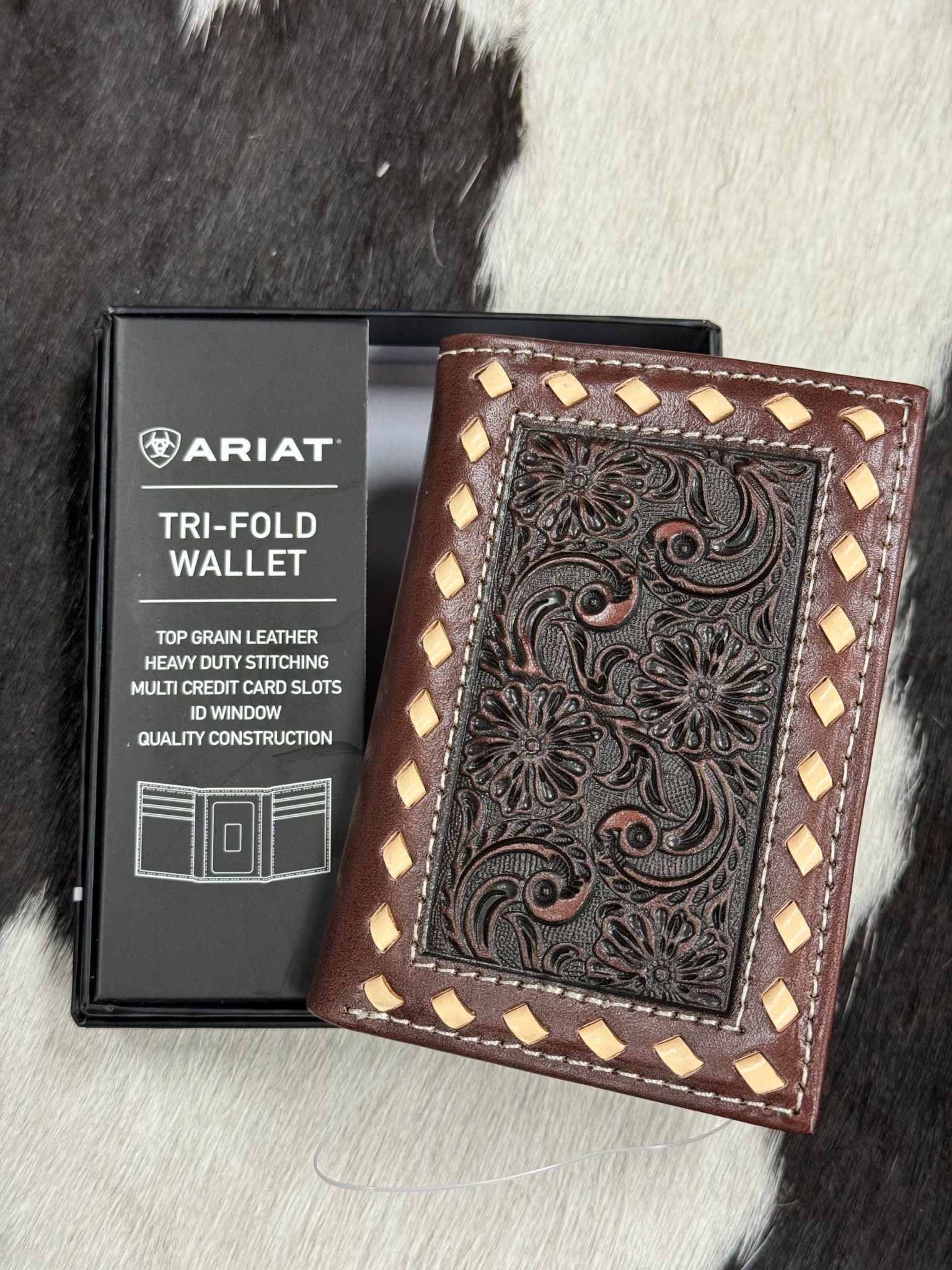 ARIAT TRI-FOLD WALLET BROWN HAND TOOLED