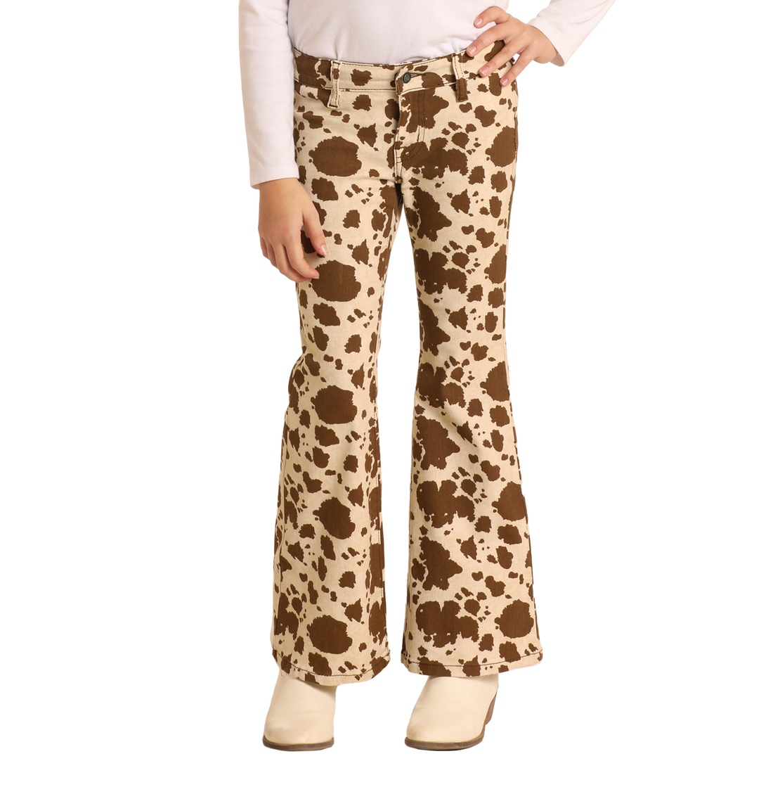 Rock & Roll Denim Girl's Oatmeal & Chocolate Cow Print Flare Leg Jeans