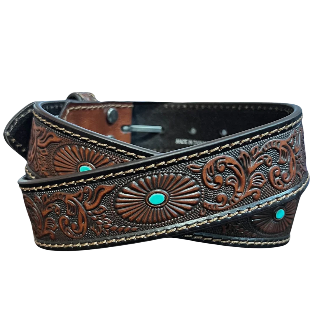 Cinturón marrón Nocona para mujer con diseño vaquero turquesa