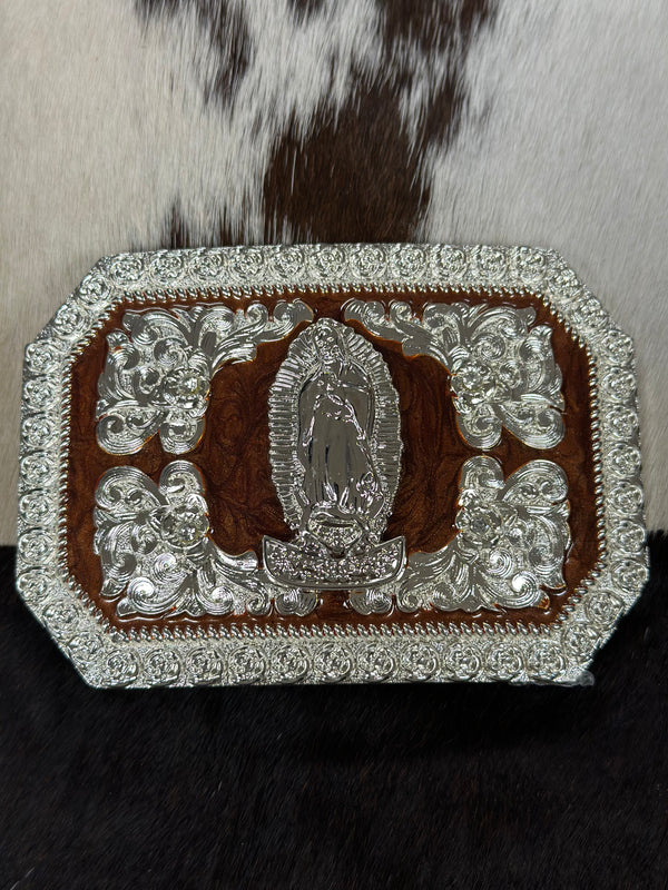 SQUARE CUT SILVER MARBLE VIRGIN MARY BUCKLE
