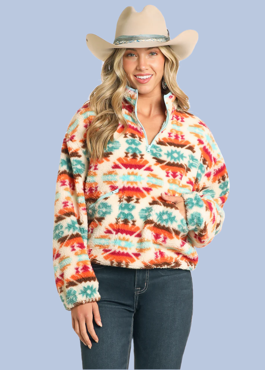 Rock&Roll Womens Cream Aztec Print Sherpa Pullover