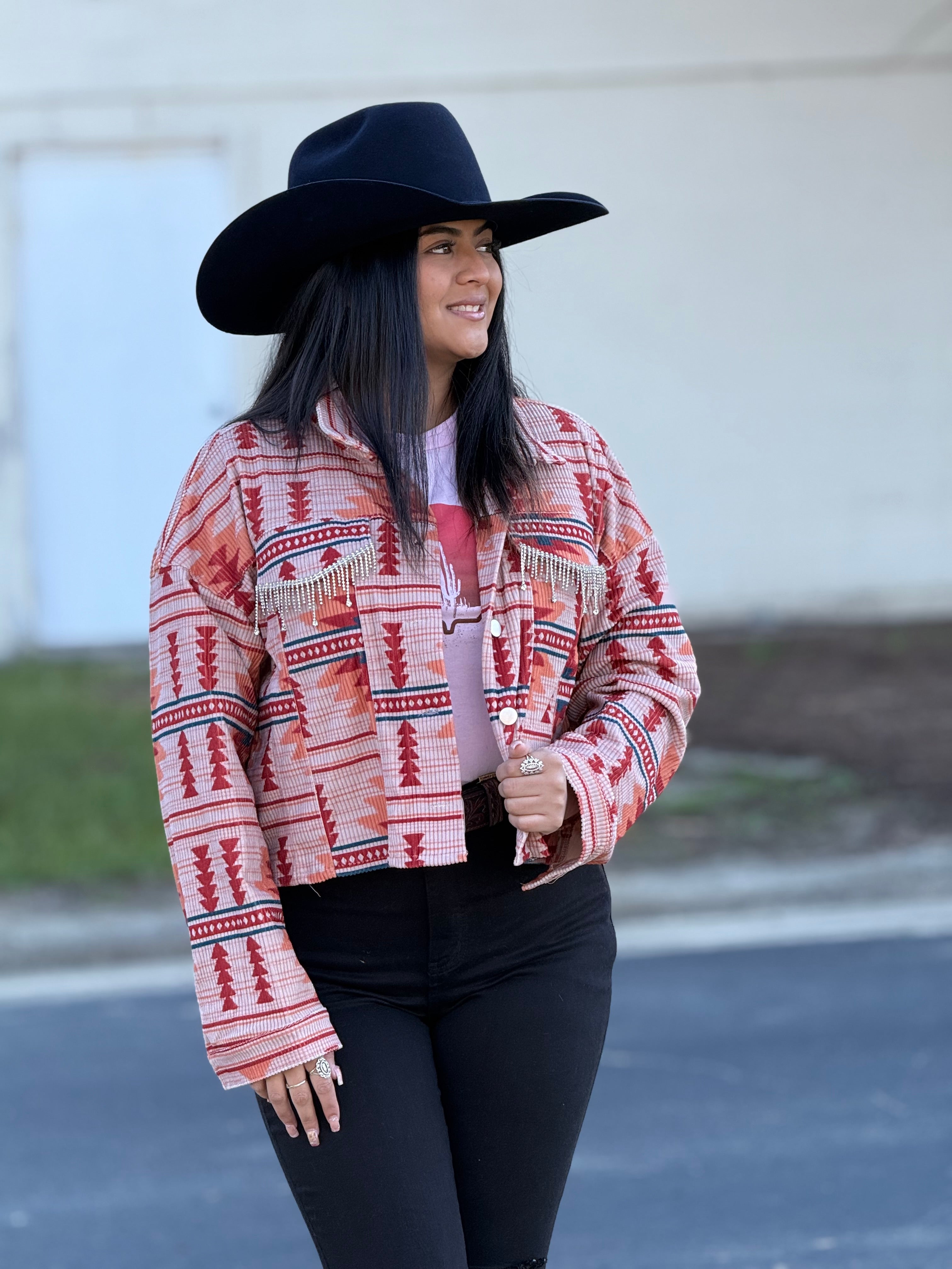 SAVANNA JANE ORANGE AZTEC CROPPED BUTTON UP