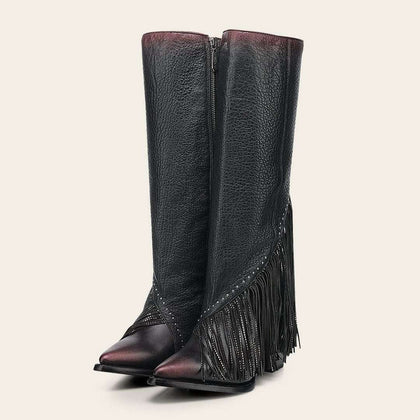 BOTA ALTA CUADRA PARA MUJER RES CASTELLO NEGRO FLECOS PUNTA PICUDA CC248