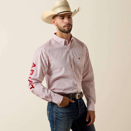 ARIAT MENS TEAM DONOVAN FTD LS SHRT WHITE MULTIFEATHER PRINT/RED 10073631