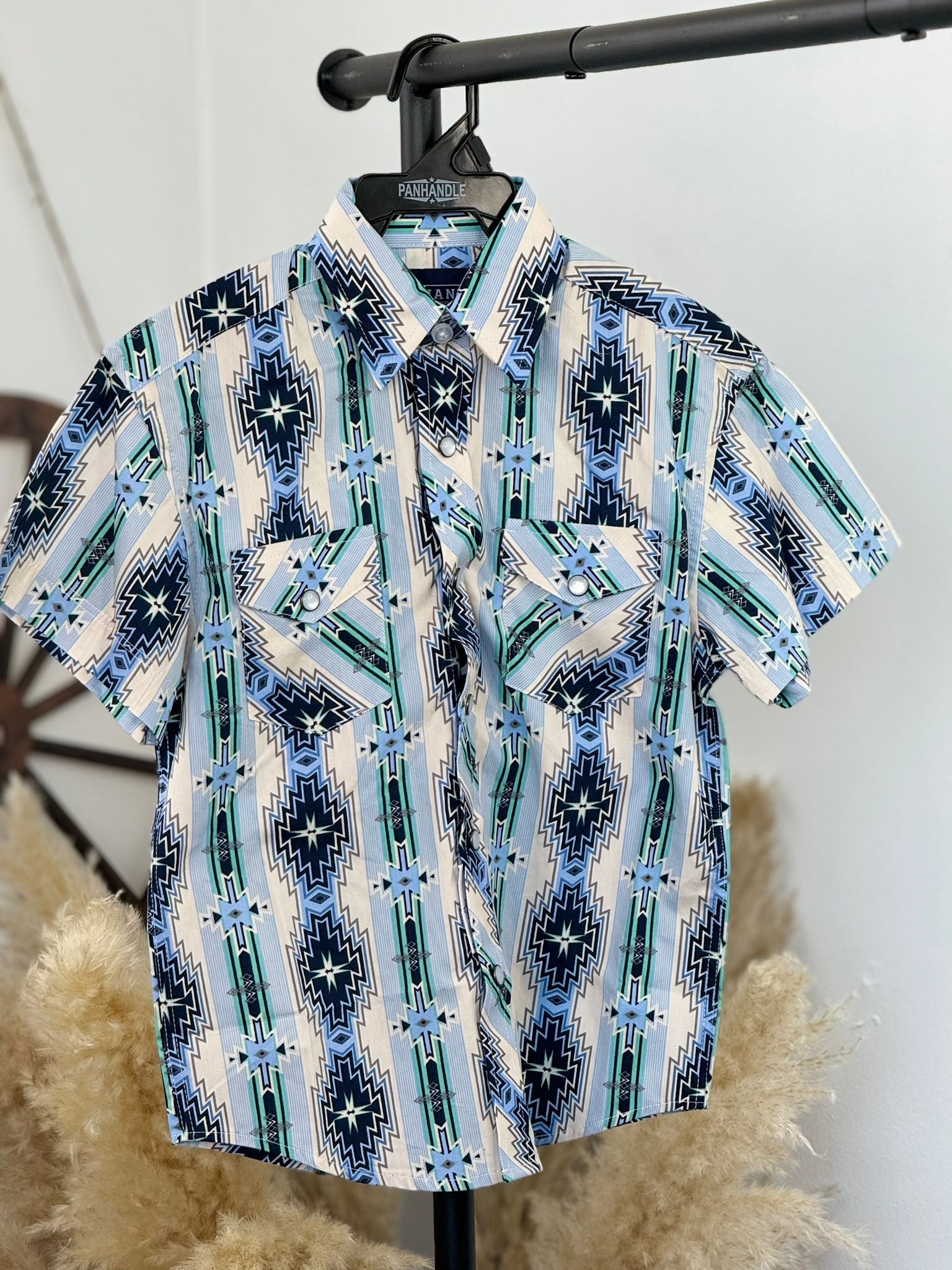 PANHANDLE BOYS BABY BLUE AZTEC SNAP SHORT SLEEVE SHIRT