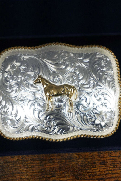 MONTANA SILVERSMITH BOLD ENGRAVED SCALLOPED HORSE STANDING BUCKLE