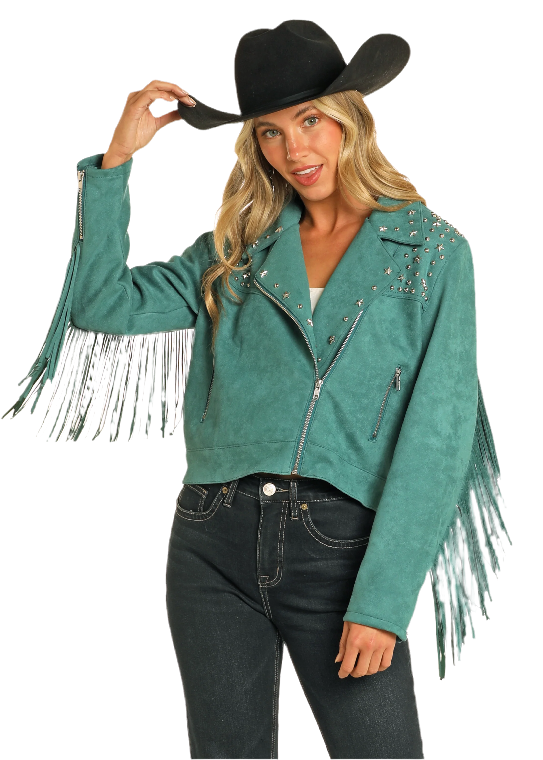 Rock&roll Womens Suede Fringe MOTO JACKET Green