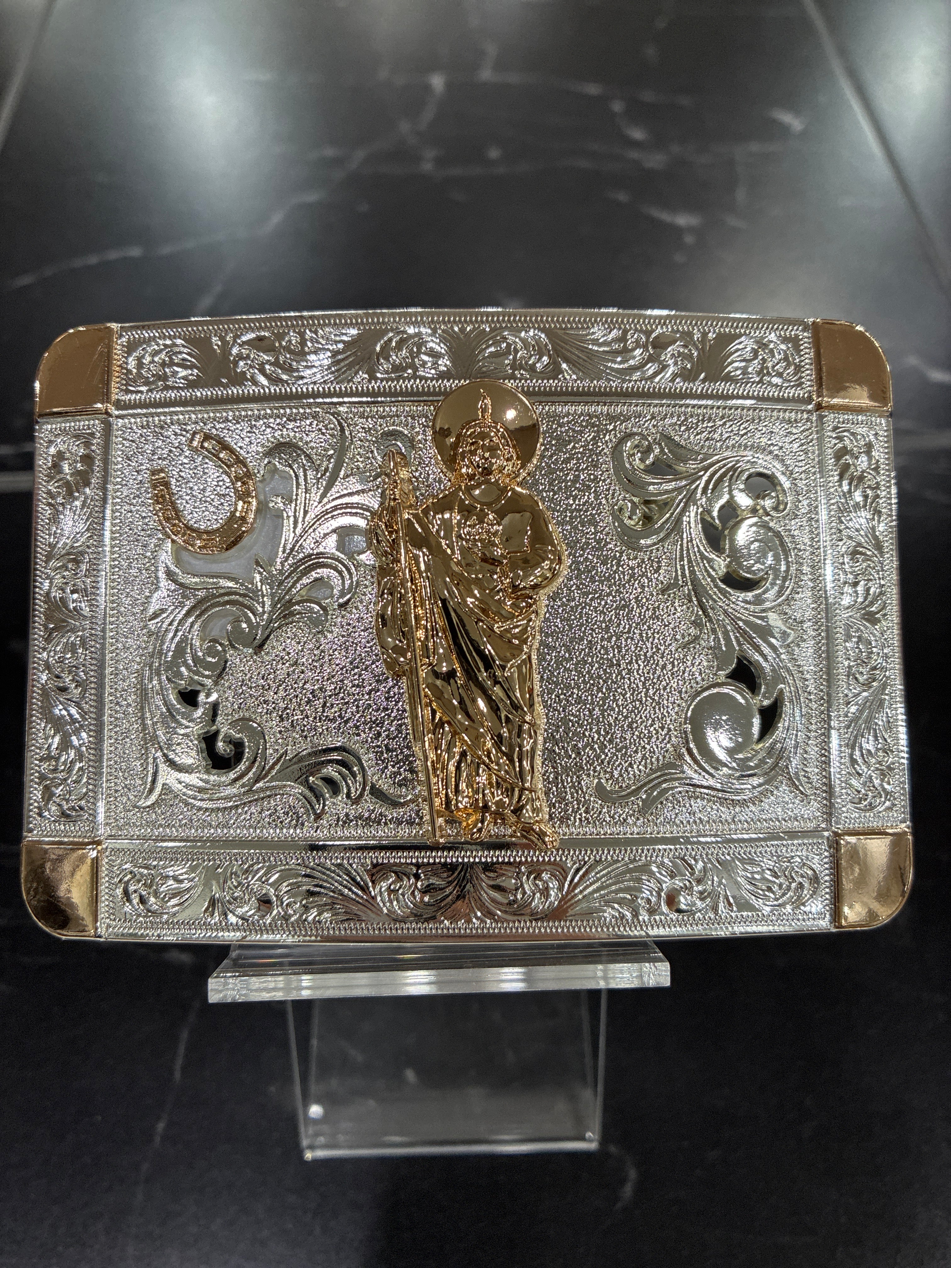 SILVER RECTANGLE BUCKLE W/ GOLD SAN JUDAS & HORSE SHOE