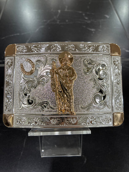 SILVER RECTANGLE BUCKLE W/ GOLD SAN JUDAS & HORSE SHOE