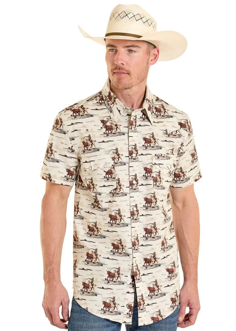 ROCK&ROLL MENS TAN NOVELTY PRINTED SHORT SLEEVE SHIRT- BMN3S08668