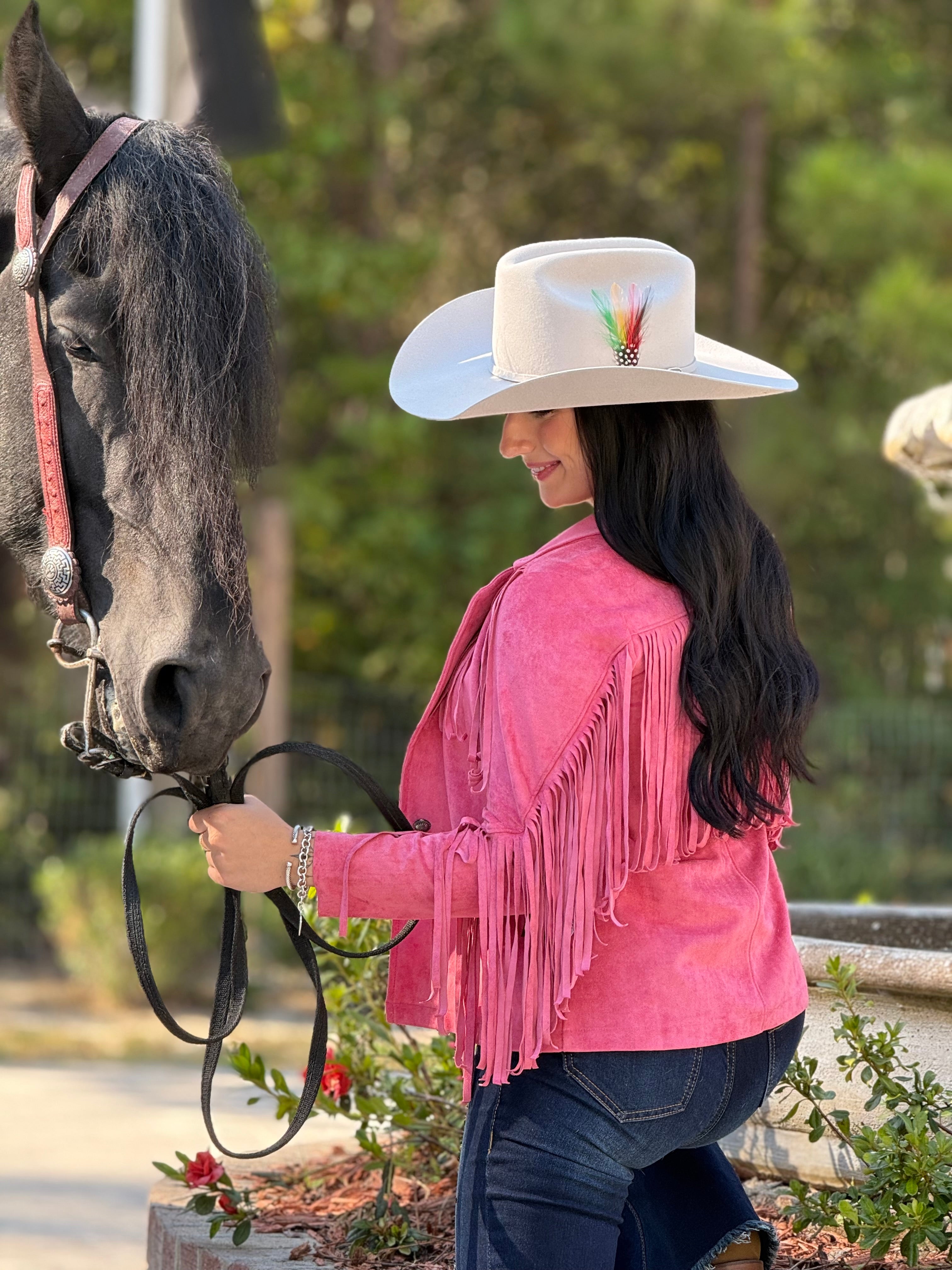 Rock&roll Womens Micro Suede Jacket W Fringe Pink